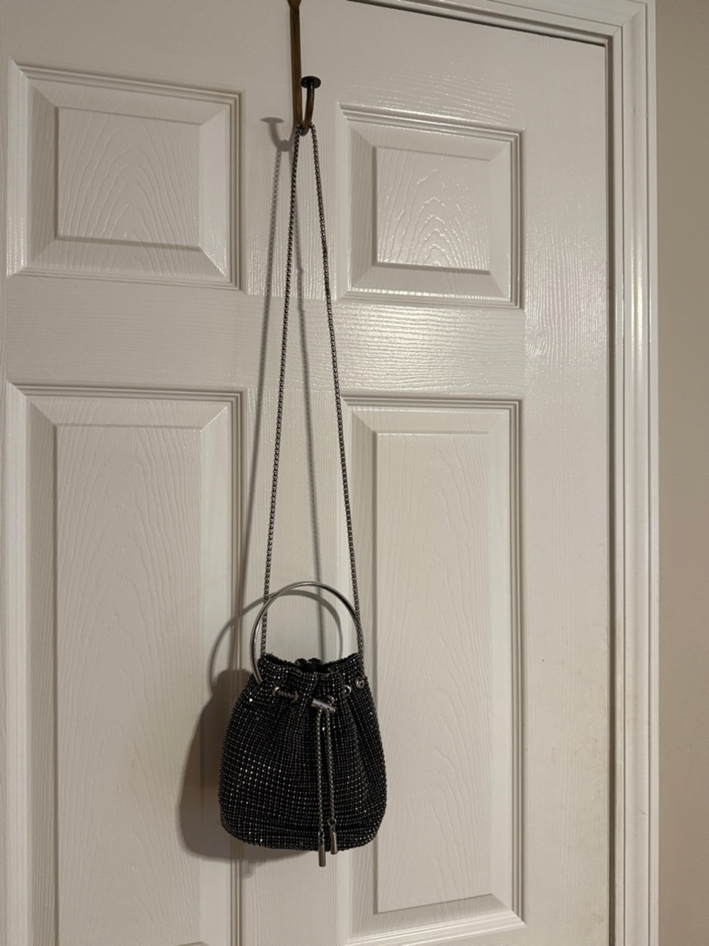 Sparkle Drawstring Bucket Crossbody Bag in Black
